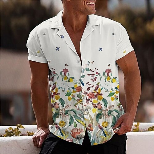 

Men's Shirt 3D Print Floral Turndown Street Casual Button-Down Print Short Sleeve Tops Designer Casual Fashion Breathable White Blue Gray / Summer / Spring / Summer