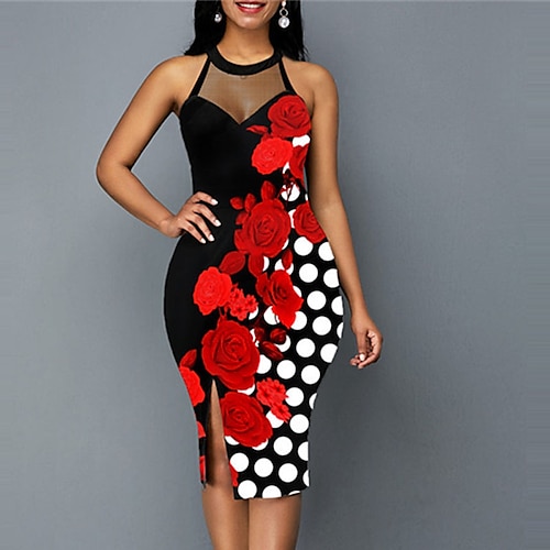 

Women's Bodycon Sheath Dress Midi Dress Red Sleeveless Floral Mesh Spring Summer Crew Neck Romantic Weekend 2022 S M L XL XXL 3XL