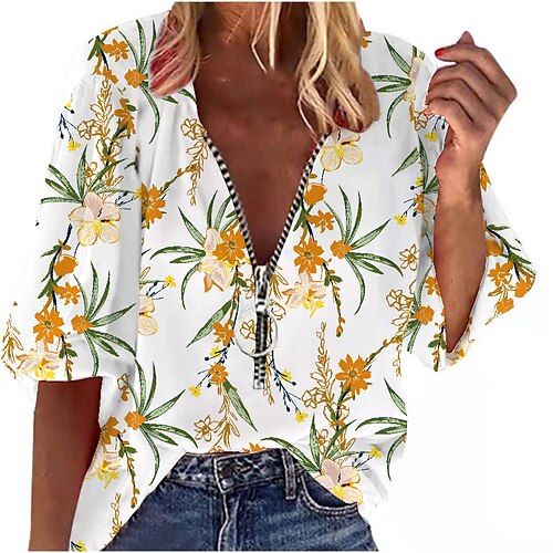 

Mujer Camisa Blanco Floral Estampado Manga 3/4 Diario Casual Escote en Pico Regular Holgado Flor Manga Farol S