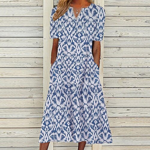 

Women's Casual Dress Midi Dress Blue Dark Blue Short Sleeve Floral Pocket Spring Summer V Neck 2022 S M L XL XXL 3XL