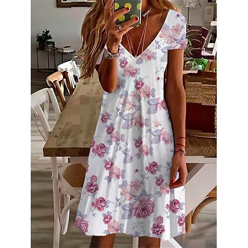 

Women's Shift Dress Short Mini Dress Pink Short Sleeve Floral Print Spring Summer V Neck Elegant Casual Vacation 2022 S M L XL XXL 3XL