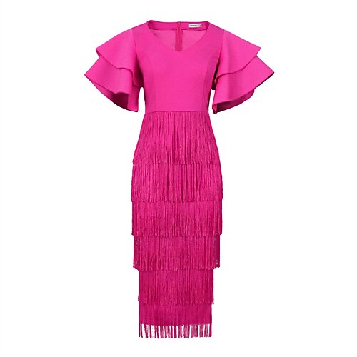 

Women's Plus Size Party Dress Solid Color V Neck Tassel Fringe Short Sleeve Fall Winter Prom Dress Midi Dress Party Vacation Dress / Ruffle