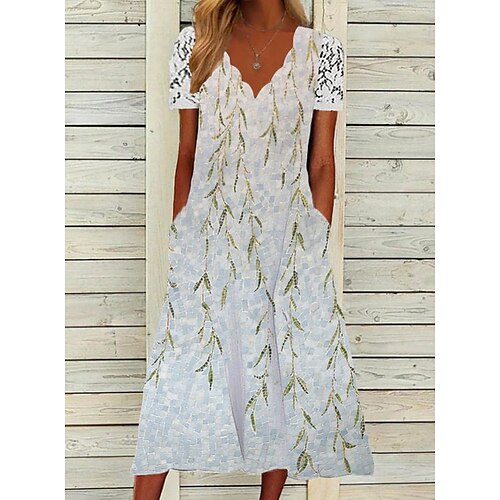 

Women's A Line Dress Midi Dress White Short Sleeve Print Ruched Print Spring Summer V Neck Elegant Modern 2022 3XL