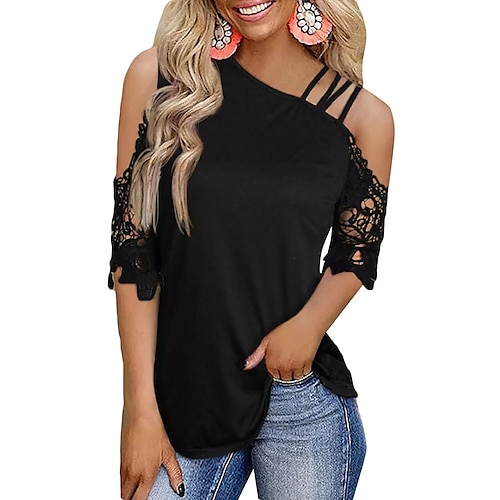 

Women's Plain Casual Weekend T shirt Tee Half Sleeve Lace Cold Shoulder One Shoulder Basic Essential Tops Black S