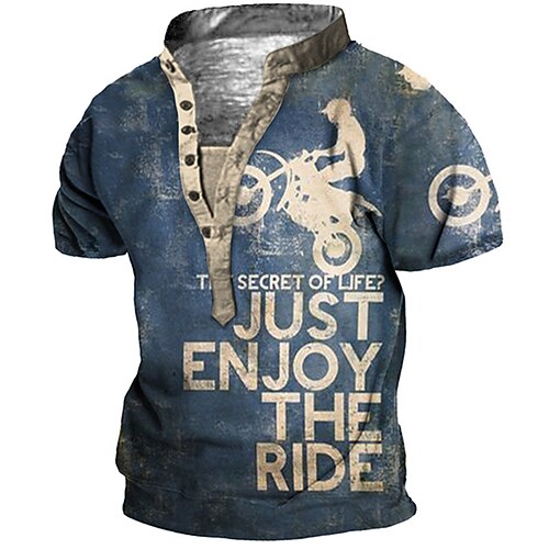 

Men's Henley Shirt Tee T shirt Tee 3D Print Graphic Patterned Motorcycle Letter Plus Size Stand Collar Daily Sports Button-Down Print Short Sleeve Tops Designer Basic Casual Big and Tall Blue
