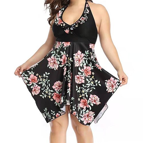 

Women's Swimwear Tankini 2 Piece Plus Size Swimsuit Open Back Printing Floral Green Black Blue Fuchsia Red Halter Vest V Wire Bathing Suits New Vacation Fashion / Modern