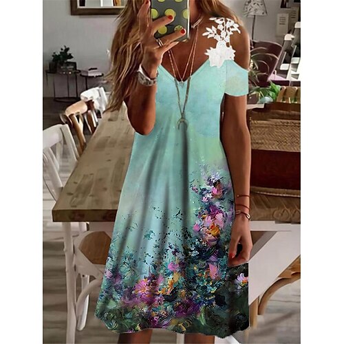 

Damen Casual kleid A Linie Kleid Midikleid Gelb Blau Kurzarm Blumen Spitze Frühling Sommer V Ausschnitt Urlaub 2023 S M L XL XXL 3XL