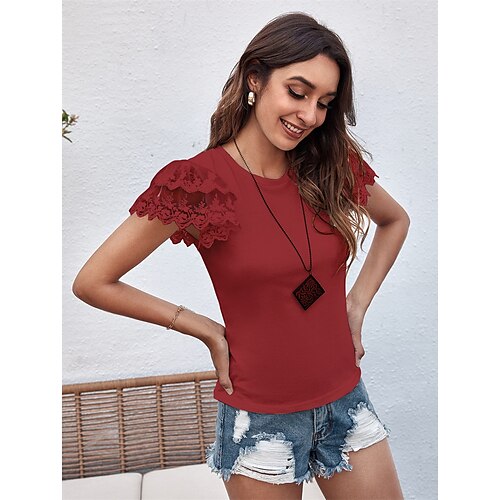 

Damen Hemd Bluse Weiß Wein Glatt Spitze Rüsche Kurzarm Täglich Wochenende Strassenmode Brautkleider schlicht Rundhalsausschnitt Standard S