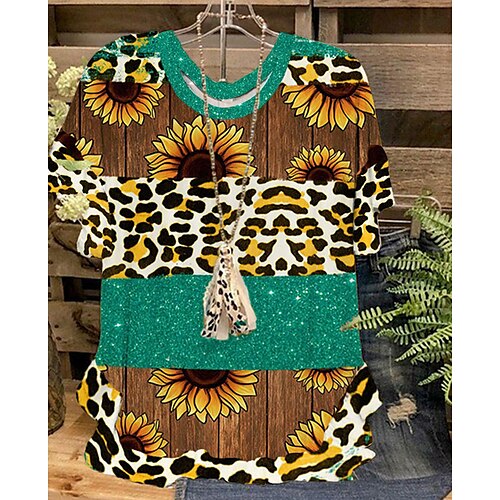 

Mulheres Camiseta Verde Cáqui Arco-íris Leopardo Spot de Luz Multi-Colorida Frufru Imprimir Manga Curta Casual Final de semana Básico Decote Redondo Padrão Tema Flores Pintura S