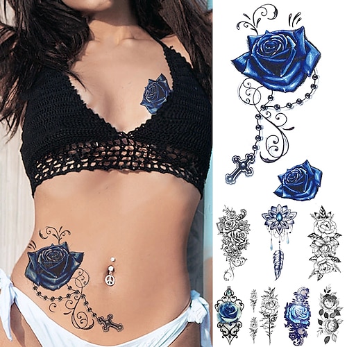 

8PCS Waterproof Temporary Tattoo Sticker Blue Rose Peony Flowers Flash Tattoos Cross Rosary Body Art Arm Fake Sleeve Tatoo Women Men