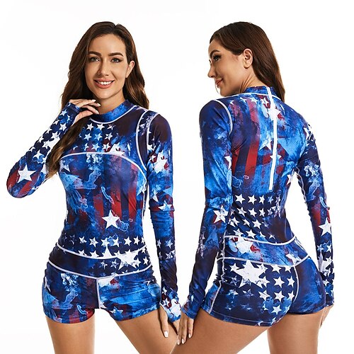 

Women's Rash Guard One Piece Swimsuit UV Sun Protection UPF50 Quick Dry Long Sleeve Swimwear Bathing Suit Back Zip Boyleg Swimming Diving Surfing Beach Printed Autumn / Fall Spring Summer