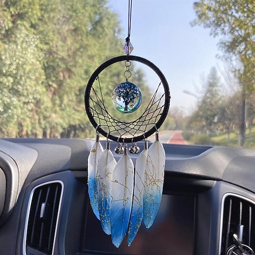 

Blue Tree of Life Dream Catcher Car Pendant Handmade Gift Feather Hook Flower Wind Chime Ornament Car Hanging Decor Art Boho Style