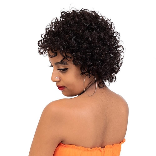 

Curly Short Wigs 100% Human Hair Curly Wig with Bangs Pixie Cut African Fluffy Curly Wigs for Women 1B Color