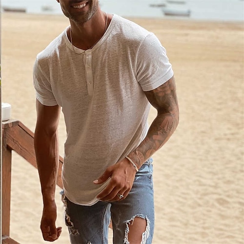 

Men's Henley Shirt Solid Color Henley White Street Casual Short Sleeve Button-Down Clothing Apparel Fashion Classic Comfortable Big and Tall / Summer / Summer / Sports