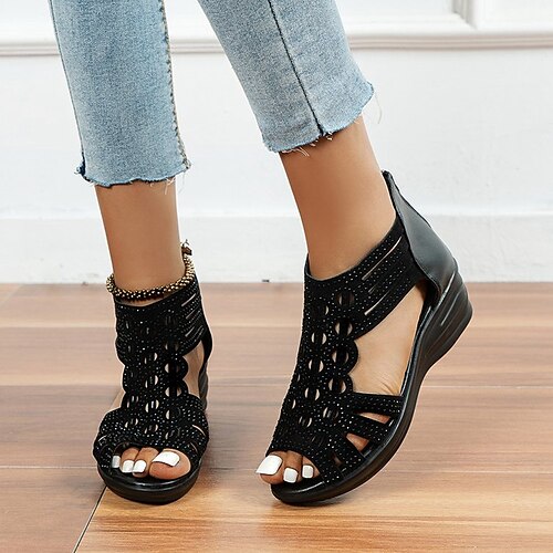 

Women's Sandals Wedge Sandals Plus Size Sparkling Glitter Wedge Heel Open Toe Casual Daily PU Leather Zipper Spring Summer Solid Colored Black Champagne