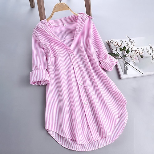 

Women's Plus Size Tops Blouse Shirt Striped Asymmetric Long Sleeve Shirt Collar Streetwear Going out Weekend Polyester Fall Spring Black Blue