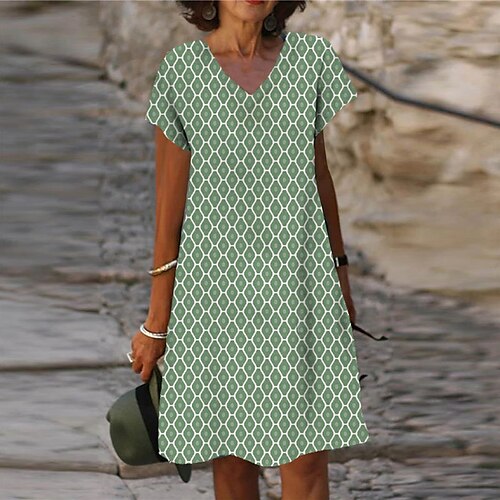 

Mulheres Vestido casual Vestido de turno Vestido midi Verde Manga Curta Geométrica Imprimir Primavera Verão Decote V Férias 2023 S M L XL XXL 3XL