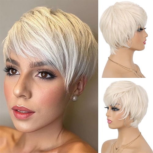 

Wig Platinum Blonde Pixie Cut Wigs for Women Heat Resistant Wig Short Layered Wig with Bangs Natural Looking Synthetic Full Wigs
