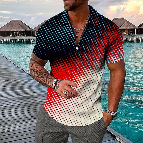 

Men's Collar Polo Shirt Golf Shirt Polka Dot Turndown Blue Pink Yellow Rainbow 3D Print Casual Daily Short Sleeve Zipper Print Clothing Apparel Fashion Designer Casual Breathable / Sports