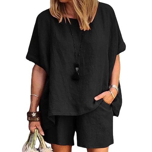 

Women's Loungewear Sets Nighty 2 Pieces Pure Color Comfort Home Daily Polyester Crew Neck Short Sleeve Shorts Pocket Spring Summer Blue Khaki