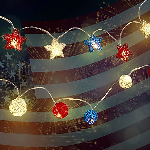 

American Independence Day Party Lights Decoration Red Blue White Stars Takraw Ball String Lights 2m-10LEDs Battery Powered Fairy Lights Wedding Party Christmas Home Garden Holiday Decorations