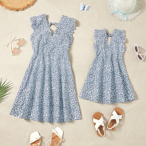 

Mommy and Me Dresses Graphic Floral Daily Ruched Blue Sleeveless Above Knee Vacation Matching Outfits / Ruffle / Backless / Spring / Summer / Print