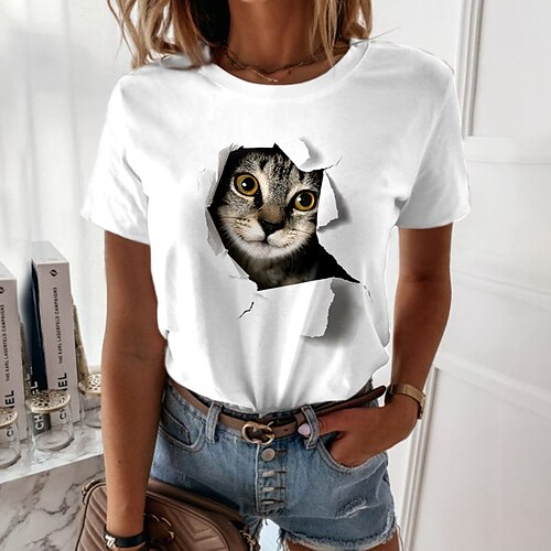

Women's T shirt Tee White Cat 3D Print Short Sleeve Casual Weekend Basic Round Neck Regular 3D Cat Painting S