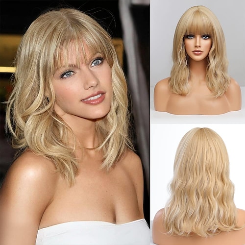 

Short Blonde Wig with Bangs Bob Wig Body Wave Wig for Women Heat Resistant Synthetic Fiber Wigs Shoulder Length Wigs 16Inch Natural Looking