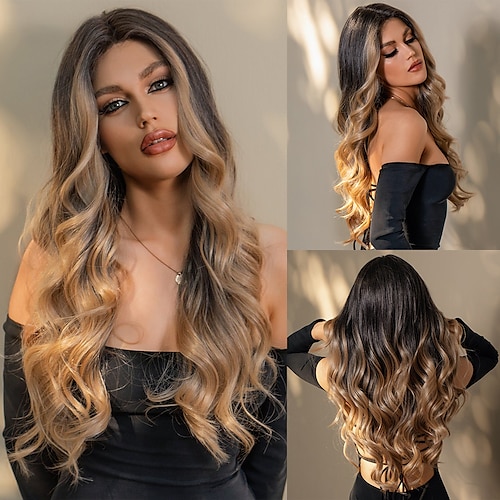 

HAIRCUBE Ombre Brown/Auburn/Golden/Wine/Black Lace Front Wig Long Natural Wavy 1341 T Part Kanekalon Braided Lace Wig With Baby Hair for Woman 180% Density