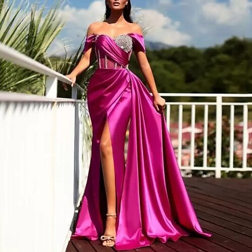 

Mermaid / Trumpet Evening Dresses See Through Dress Prom Sweep / Brush Train Short Sleeve Halter Neck Charmeuse with Beading Sequin Slit 2022 / Formal Evening