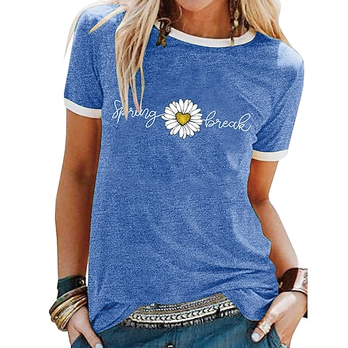 

Women's T shirt Tee Green Blue Purple Floral Letter Patchwork Print Short Sleeve Daily Weekend Basic Round Neck Regular S