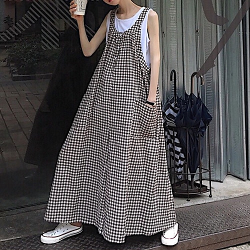 

Women's Overall Button Pocket Plaid Crew Neck Streetwear Street Daily Regular Fit Sleeveless Brown Black One-Size Spring / Print