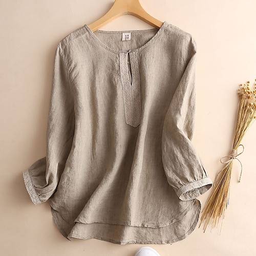 

Women's Plus Size Tops Blouse Shirt Plain Asymmetric 3/4 Length Sleeve Crewneck Streetwear Daily Going out Linen Fall Winter Gray Apricot