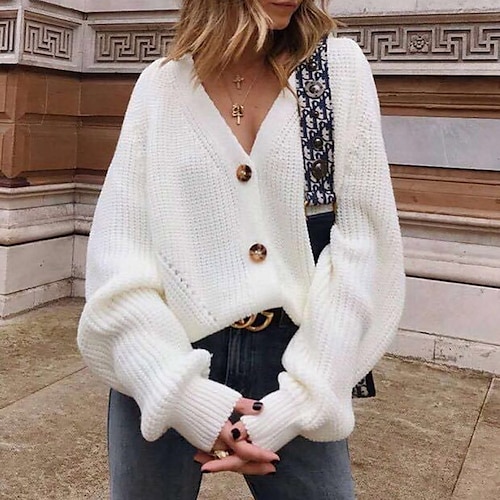 

Women's Cardigan Sweater Jumper Crochet Knit Button Knitted Pure Color V Neck Stylish Casual Outdoor Daily Drop Shoulder Winter Fall Blue Khaki One-Size / Long Sleeve / Holiday / Regular Fit