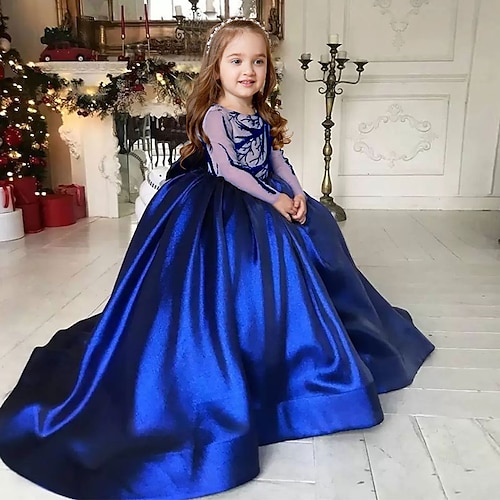 

Party Event / Party Princess Flower Girl Dresses Jewel Neck Sweep / Brush Train Satin Winter Fall with Pleats Appliques Cute Girls' Party Dress Fit 3-16 Years