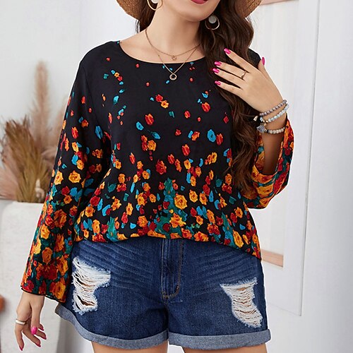 

Women's Plus Size Tops Blouse Shirt Floral Graphic Patterned Print Long Sleeve Crewneck Streetwear Daily Going out Polyester Spring Summer Black