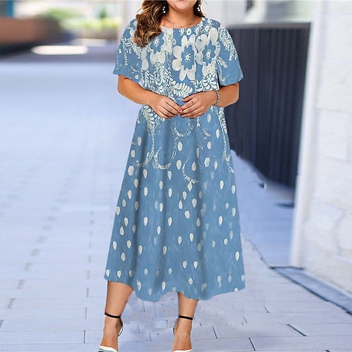 

Women's Plus Size Casual Dress Floral Crew Neck Print Short Sleeve Fall Spring Casual Maxi long Dress Causal Daily Dress