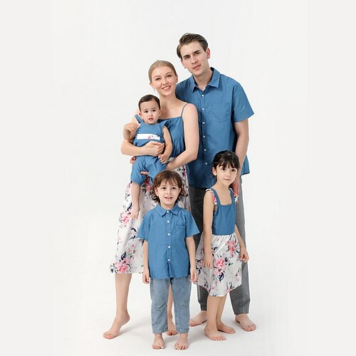 

Family Look Dresses T shirt Family Sets Floral Street Print Blue Short Sleeve Active Matching Outfits