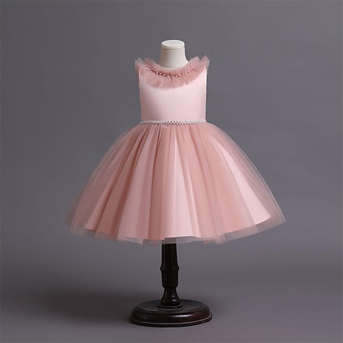

Kids Little Girls' Dress Solid Colored Tulle Dress Party Daily Beaded White Pink Knee-length Sleeveless Princess Cute Dresses Spring Summer Slim 3-12 Years