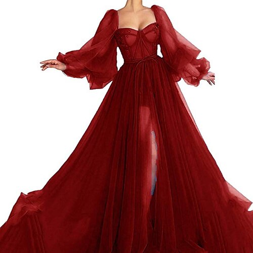 

Women's A Line Dress Maxi long Dress Black Blue Wine Long Sleeve Pure Color Split Mesh Spring Summer Square Neck Party Stylish Elegant 2022 S M L XL XXL / Party Dress