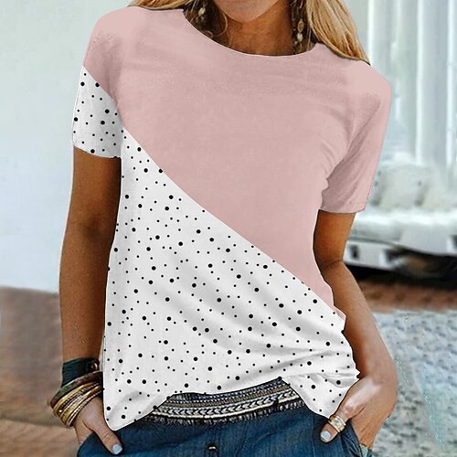 

Women's T shirt Tee Green Purple Pink Polka Dot Color Block Print Short Sleeve Casual Weekend Basic Round Neck Regular Painting S