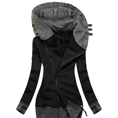

Women's Plus Size Jacket Quilted Pocket Color Block Date Vacation Long Sleeve Hooded Regular Fall Winter Black Dark Blue Light Gray L XL XXL 3XL
