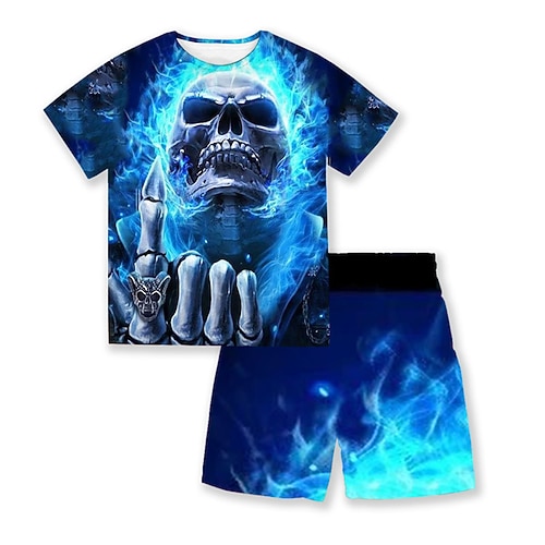 

2 Pièces T-shirt Short Ensemble de Vêtements Tenues Enfants Garçon Halloween Crânes Manche Courte Col ras du cou Set Extérieur Sportif Mode Frais Eté Printemps 3-13 ans Bleu