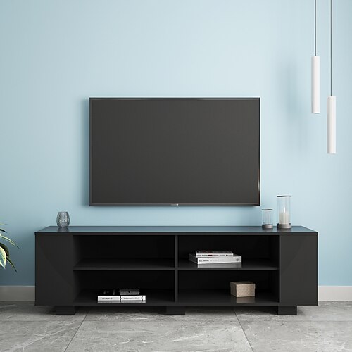 

TV Stand for TVs up to 65-Inch Flat Screen Mid-Century Modern Entertainment Center with 8 Open Shelves Universal TV Storage Cabinet for Living Room Bedroom TV Console Table Black