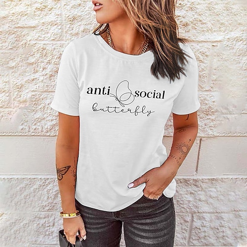 

T shirt Tee Femme Noir Blanche Jaune Papillon Texte Imprimer Manche Courte Casual Fin de semaine basique Col Rond Normal Coton Standard Papillon Peinture S