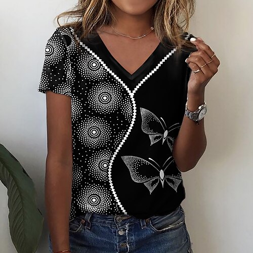 

Women's T shirt Tee Black Butterfly Print Short Sleeve Casual Weekend Basic V Neck Regular Butterfly Painting S / 3D Print