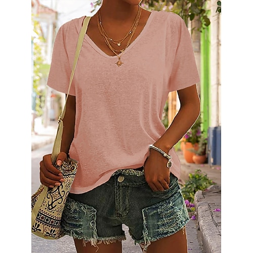 

Women's T shirt Tee Green Blue Purple Plain Patchwork Short Sleeve Casual Daily Basic V Neck Regular S