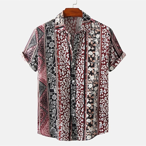 

Men's Shirt Print Vintage Turndown Street Daily Button-Down Print Short Sleeve Tops Casual Fashion Breathable Comfortable Wine