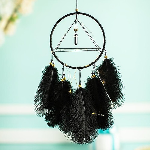 

Dream Catcher Triangle-shaped Ring Handmade Gift with Black Ostrich Feather Wall Hanging Decor Art Wind Chimes Boho Style Home Pendant 1550cm