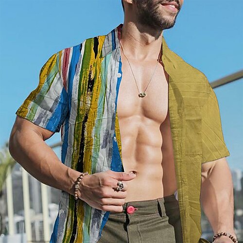 

Men's Shirt Striped Turndown Casual Daily Button-Down Short Sleeve Tops Casual Fashion Breathable Comfortable Yellow